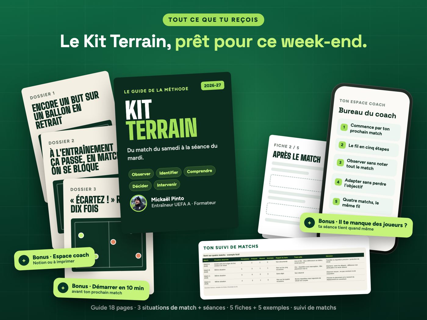Tout le Kit Terrain : le guide de la méthode, 3 dossiers de situations de match, 5 fiches terrain, l'espace coach sur téléphone, le suivi de matchs et les bonus